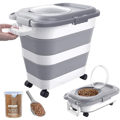 25-28Lbs Dog Food Storage Container Airtight,Collapsible Pet Food Storage | Dog Food Container with Handle,Wheels,Double Airtight Seal Fresh,Save Space,Pest/Mouse-proof,Small Cat Food Container,Scoop - color: Grey/25-28 Lbs