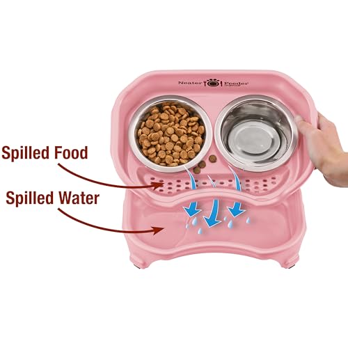 Neater Feeder Express Mess Proof Dog Bowls Elevated for Small Breed – Made in USA – No Spill Raised Slow Feeder Elevated Dog Bowl Stand, Stainless Steel Food and Water Bowl Set, Pink - color: Pink, size: Small w/ Metal Slow Feed Bowl