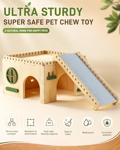 BUCATSTATE Natural Wood Hamster Hideout Castle, Easy-Assemble & Breathable | Multi-channel hideaway, waterproof sturdy wood cage play hut for Syrian Dwarf Hamsters, Gerbils & Mice.