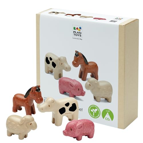 PlanToys Farm Animal Figurines Set - Four Cute Sustainably-Made Wood Pig, Sheep, Cow, and Horse Figures to Stimulate Interactive and Creative Play - color: Farm Animals Set