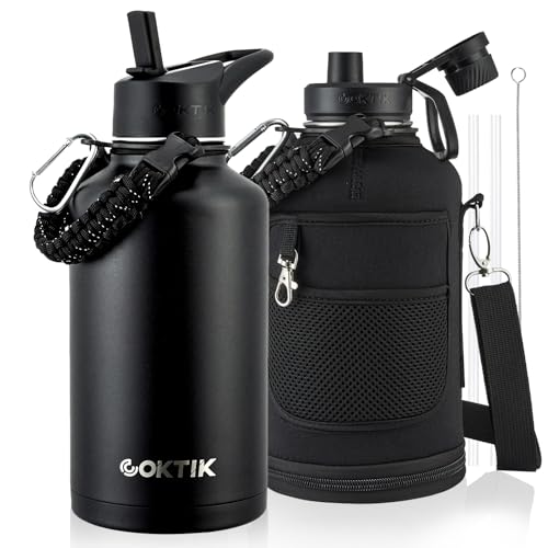 COKTIK 64oz Insulated Water Bottle - Stainless Steel Vacuum Metal, Portable ½ Gallon Large-Capacity Sports Bottle with Straw, Carry Bag and Handle Strap, Ideal for Gym & Hiking(Black) - color: Black, size: 64 Ounces