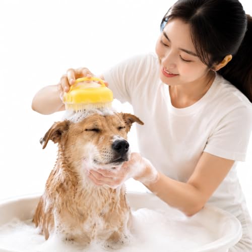 Pet Grooming Bath Brush with Soap Dispenser, Soft Silicone Bristle Massage Brush for Dogs and Cats, Shower Bathing Tool for Long Short Hair