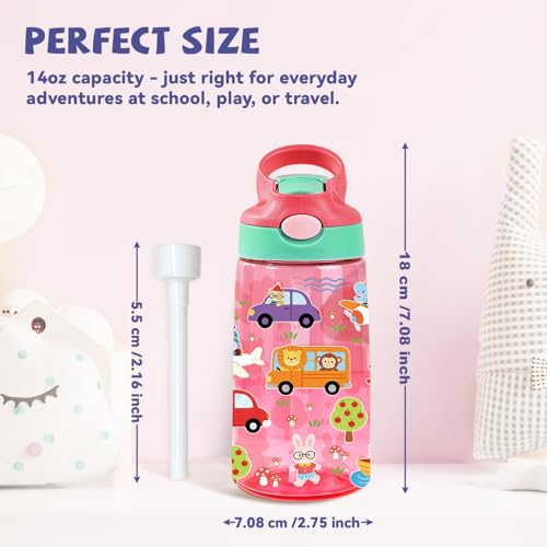 Kids Plastic Water Bottle - Cute Water Bottle for Kids, 14oz Plastic Water Bottles with Straw Lid, Leakproof BPA-Free Cute Animals Water Bottles for Home Sports Travel, Pop-Up Straw Cover, Pink - color: Fun Animals