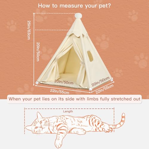 Standard Cat & Mini Dog Teepee Tent House (Int 20x20x20in/Ext 22x22x25in) | Pet Teepee House Indoor for Dogs & Cats Up to 10lbs, with Soft Cushion, Small Window, Cotton Canvas & Stable Frame - style: M/20x20x20in Standard Cats & Mini Dogs