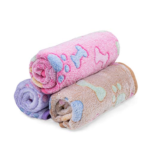 Dono 1 Pack 3 Dog Blankets, Soft Fluffy Fleece Pet Blanket Warm Sleep Mat Paw Print Design Puppy Kitten Throw Blanket Doggy Mat, Blanket for Dogs - color: Brown/Pink/Purple, size: Medium(30*20")