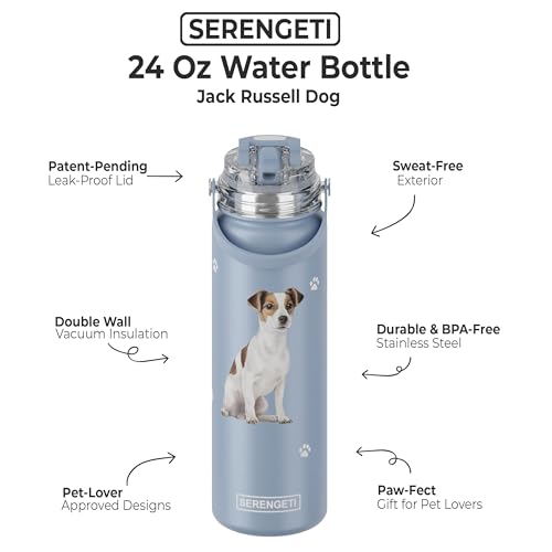 SERENGETI 24 Oz Water Bottle Stainless Steel with Spill Proof Lid - Double walled Vacuum Insulated water flask - Realistic 3D Print of your favorite dog (Jack Russell Terrier) - color: Jack Russell Terrier