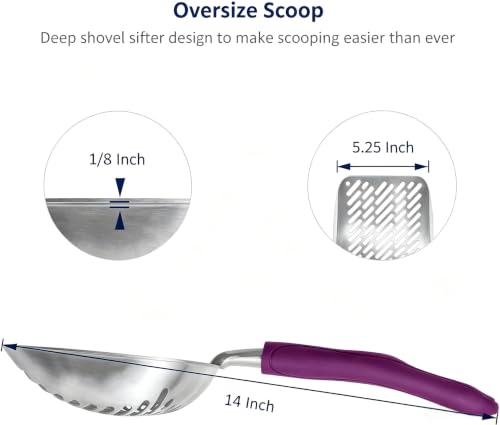 Cat Litter Scoop, Aluminum Alloy Sifter, Kitty Metal Scooper, Deep Shovel with Diagonal Sifting Hole, Long Handle, Kitten Poop Lifter for Litter Box, Large Size, Violet Handle - color: #07 Violet, size: Large