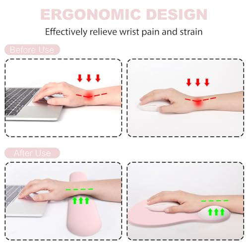 Ergonomic Mouse Pad with Wrist Rest and Keyboard Wrist Rest, Gel Mousepad | Wrist Rest for Computer Keyboard, Pain Relief, Non-Slip PU Base, Pink Mouse Pad with Wrist Support for Gaming, Office - color: Pink