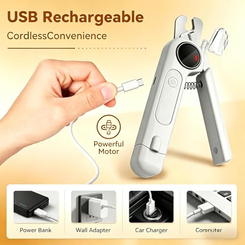 2 in 1 Dog Nail Clippers & Grinder with Light, Quiet Electric Cat Nail Trimmer for Large Medium Small Dogs & Cats, 3 Speeds, Rechargeable, Splash Guard & Safety Lock, Painless Grooming Tool (White)