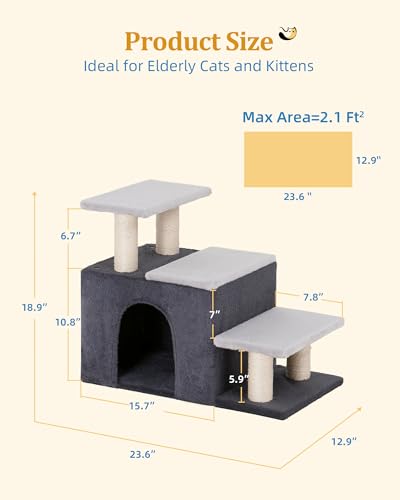 Aechonow 3-in-1 Pet Stairs for Cats, Dog Steps for Doggie Rabbits, Large | 7.8'' Depth Cat Stairs,Indoor Cat Steps for High Bed for Pet's Joints, Soft Plush, 1 Big Cat Condo Cave, Sisal Scratcher,Grey - size: Large-Gray