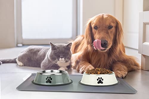 Stainless Steel Dog Bowls, Food and Water Non Slip Anti Skid Stackable Pet Puppy Dishes for Small, Medium and Large Dogs (2 Pack) - color: White & Grey, size: ¾ Cup/7 oz