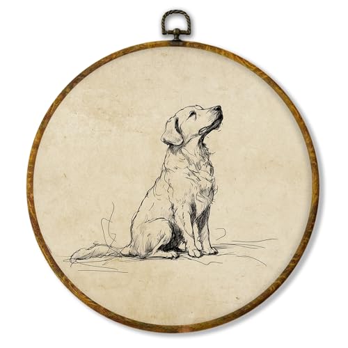 shiviody Neutral Dog Canvas Wall Art Decor, Rustic Golden Retriever Wall Decor, Vintage Black and White Dog Sketch Round Hanging Frame Prints Decorations for Farmhouse Bathroom 10"x10" - color: Animals-14