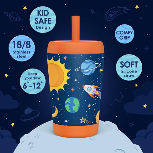 SANDJEST Kid Insulated Stainless Steel Tumbler with Silicone Straw, 12oz Sippy Cup for Kids (Outer Space) - color: Outer Space