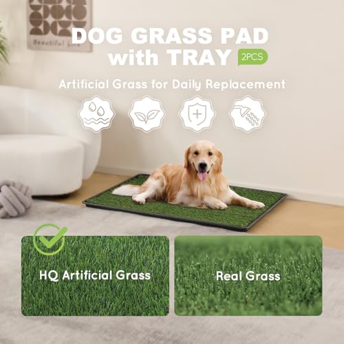 HQ4US 4LEGS Dog Grass Pad with Tray, Dog Litter Box with Artificial Grass | Large Grass Pee Pads for Indoor Dogs Potty Tray with Grate, Turf Grass Hemmed Edge, Realistic, Less Stink Toilet for Balcony - size: L 34”×23” for Dog＜ 28" Length