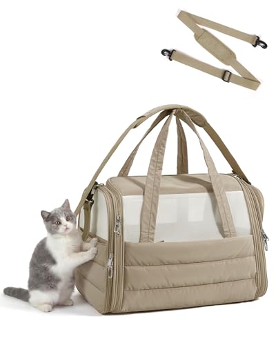 BAGSMART Cat Carrier Soft-Sided Puffy Quilted Collapsible Pet Travel Bag | Pet Carrier for Small Medium Cats Dogs Puppy, Load Up to 25 Lbs for Outdoor Use, Brown - color: Brown, size: 19.3"L x 13.0"W x 13.0"H