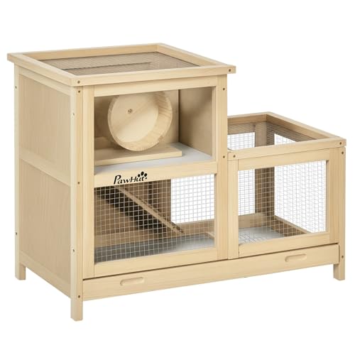 PawHut Extra Large Wooden Hamster Cage with Sliding Tray, Large Rat Mouse House, Small Animal Habitats with Openable Roofs, Wide Ramp for Racing, Running Wheel, Natural | Small Animal Habitats, Openable Roofs, Wide Ramp for Racing, Running Wheel