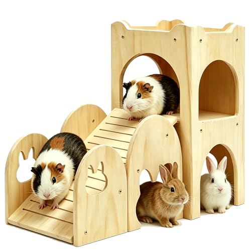 Rabbit Castle Large Guinea Pig Hideout Thicken Solid Wooden Bunny House with Ramp,Rabbit Playhouse for Chinchilla,Hamster,Small Animal Houses & Habitats(Set of 2) - style: Set of 2