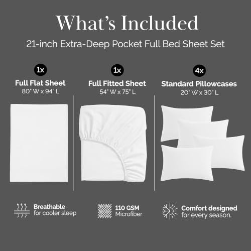 Southshore Fine Living, Inc. 6 Piece Full Size Bed Sheets Set, 21 Inch Extra Deep Pocket Hotel Collection with Fitted Sheet Flat Sheet 4 Pillowcases Soft Microfiber Bedding for Full Bed - White Sheets - color: 01 - White, size: Full