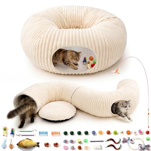Cat Tunnel Bed with 40 Pcs Interactive Cat Toys, Cat Tube with Kitten Toys for Indoor Kittens, Collapsible Play Tunnel, White - color: White
