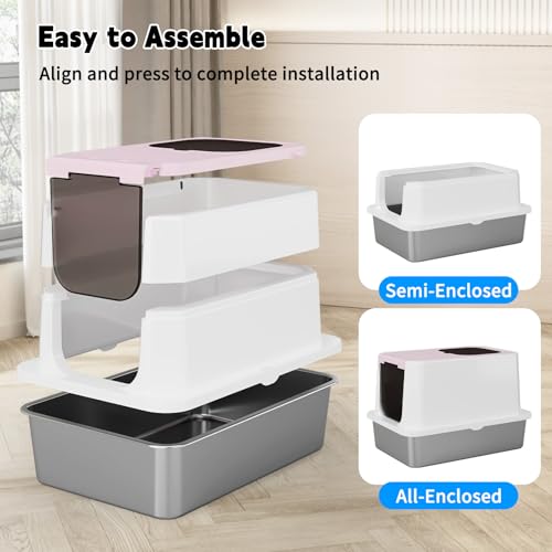 RIZZARI Stainless Enclosed Litter Box: with Scoop & Odor Control | 304 Stainless Basin / Wide Top Opening / Privacy Enclosure / Top & Swing Dual Entry / Anti-Leakage Raised Rim - color: Pink, size: 23.8"L*15.9"W*16.1"H