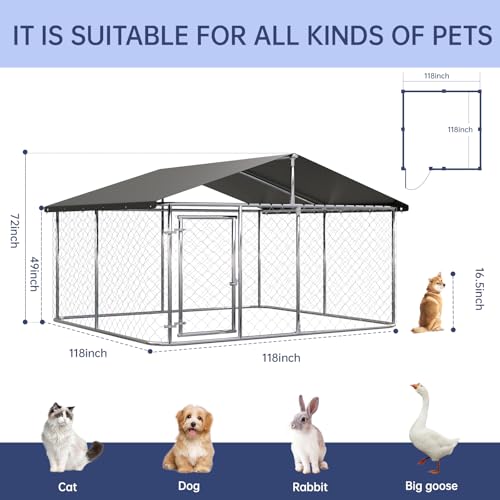 Petony Outdoor Dog Enclosure Heavy Duty Dog Kennel House Mesh Dog Big Cage Pet Kennel Steel Fence with Secure Lock - size: 118.0"L x 118.0"W x 65.0"H