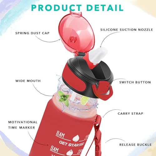 Enerbone 32 oz Drinking Water Bottle with Times to Drink and Straw, Motivational with Carrying Strap, Leakproof BPA & Toxic Free, Ensure You Drink Enough Water for Fitness Gym Outdoor - color: Cherry Cream