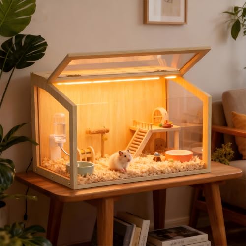 Hamster Cage: 24inch Wooden Small Animal Cage with Warm Light | Clear Chewy Proof Hamster House with Openable Breathable Top - size: 23.6"L x 15.8"W x 15.8"H