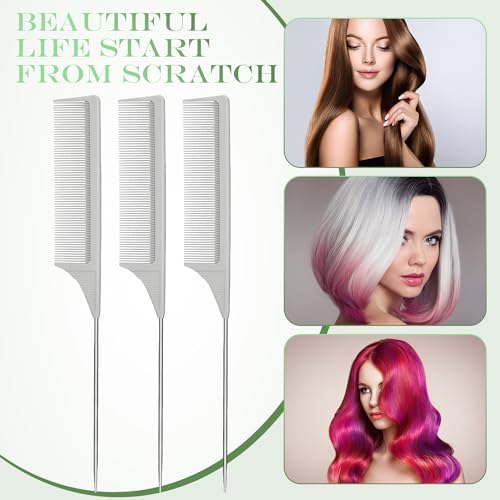 Leinuosen 3 Pack Rat Tail Comb Carbon Fiber,Gray | Steel Pin Tail for Sectioning, Heat Resistant Teasing, Pick Comb for Women Wig Styling, Fishtail Design for Salon Updos - color: Gray