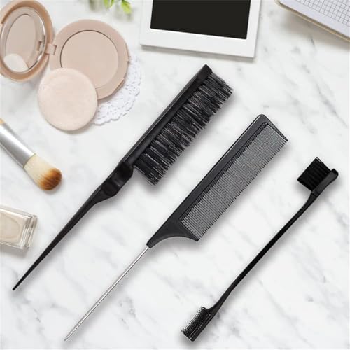 Comb Set, Black comb,3 Pcs. slick back hair brush,Slick Back Brush with Edge Brush, styling comb for kids for middle part，Rat Tail Comb, Teasing Brush Set for Smoothing brush Baby Hair