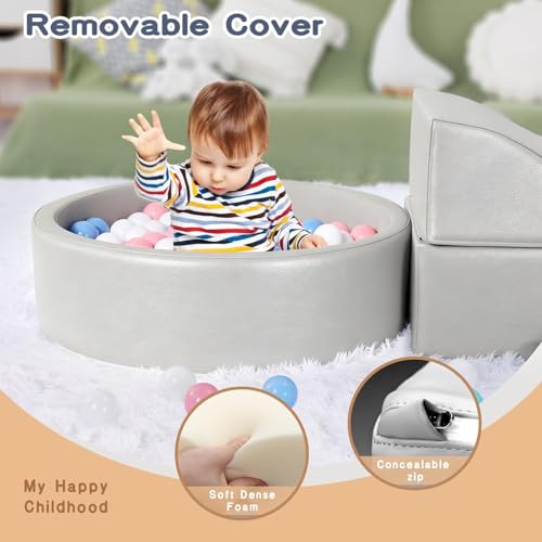Hoohtoot Foam Climbing Blocks for Toddler: with 4-Piece PU Leather Climbing Toys and a Ball Pit - Foam Ball Pit for Toddlers - Climbing Toys Indoor for Kids Crawling - style: Foam Climbing Blocks with Ball Pit