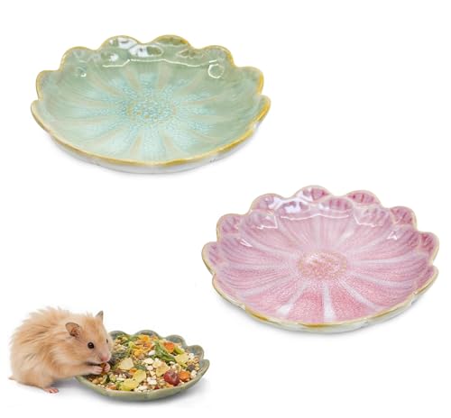 Hamster Food Bowl，2 Pcs Sunflower Hamster Bowls,Hamster Ceramic Food Bowl，Food Dish for Small Animals Hamster Guinea Pig Rat Mice Gerbil Dwarf (Pink+Green)