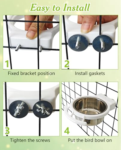 BNOSDM Hanging Stainless Steel Bird Bowls 4 PCS Bird Feeding Dish Cups with Perch Stand Parrot Food Container Food and Water Bowls with Spoon for Budgie Cockatoo Finch Lovebirds Pigeons (White) - color: 4 Pcs White