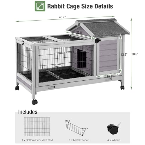 Wooden Rabbit Hutch Indoor and Outdoor, Rabbit Cage with Removable Wire Netting and Leak Proof Tray, Mobile Bunny Cage with Wheels (Grey) - color: Grey
