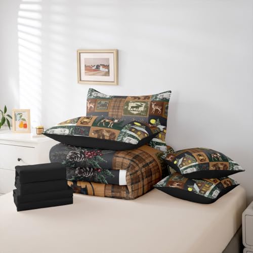 Erosebridal Hunting Bear 7 Piece Comforter Set Full Rustic Farmhouse Bedding Sets for Kids Teens Cabin Decor Vintage Barn Woodland Animals Moose Sheet Set Retro Buffalo Plaid Camper Quilt Brown - color: Brown Green White, size: Full