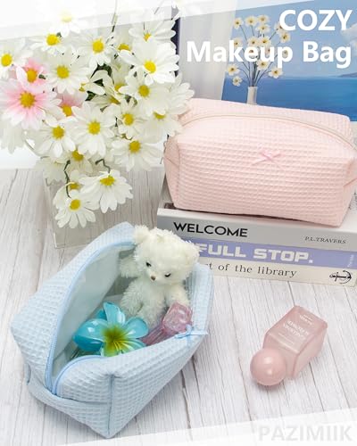 PAZIMIIK Cozy Makeup Bag for Women,Zipper Cosmetic Pouch,Waffle Blue | Soft Cosmetic Organizer for Makeup,Skincare,Toiletries,Daily Beauty Essentials,Purse,On-the-Go,Bridesmaid Gifts - color: Waffle Blue