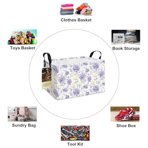 Rectangle Foldable Storage Basket Handles For Home, Purple Flowers | Waterproof canvas material, reinforced handles, perfect for shelf use, organizes clothes, daily items and pet supplies - color: REC-Purple Flowers