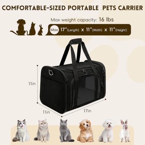Cat Carrier Soft, Dog Carriers for Small Dogs/Large Cats (Up to 16lbs), with High Breathability, Shoulder Strap, Removable Pad, Pet Carrier Airline Approved, for Home Outdoor Travel (Black) - color: Black