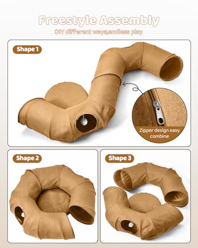 Linen Cat Tunnels with Central Cat Bed, Interactive Cat Toys Detachable Washable Soft Mat Large Indoor Play Tunnel Cave for Kittens and Small Animals - color: Linen Brown