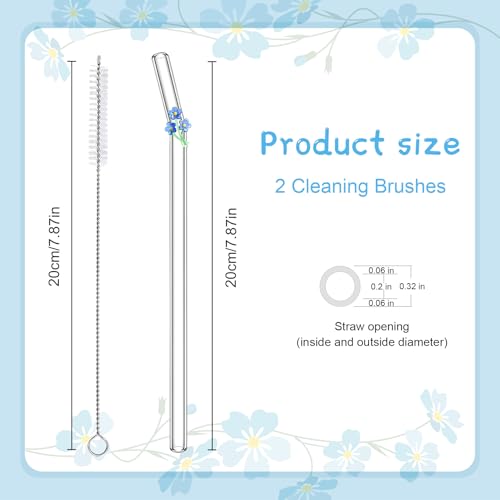 6Pcs Cute Glass Straws Shatter Resistant with 2 Cleaning Brushes, Reusable Glass Straws with Charms- Forget Me Not Blue Flowers, Party Decorations, Juice, Birthday Party(Dishwasher Safe) - style: Forget Me Not Flowers