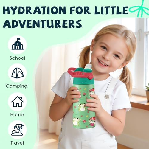 Frog Mushroom 12 oz Water Bottle with Straw – Kids Stainless Steel Vacuum Insulated Cup, Leakproof Pop-Up Spout, Reusable Travel Mug for Boys and Girls Outdoor Sports - color: Frog1