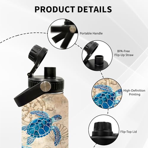 Sea Turtle 32oz Water Bottle, with Handle Lid Bottle, Coffee Cup | 32oz Stainless Steel Tumbler, Leak-proof Mug, Thanksgiving Christmas Birthday Gift for Turtles Lovers - color: Sea Turtles