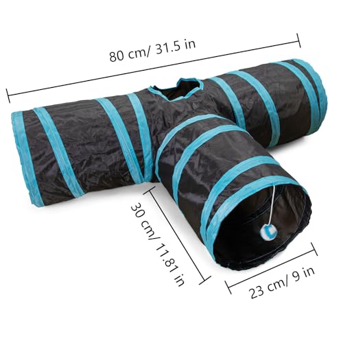 Cat Tunnel, 3 Way Cat Tunnels for Indoor Cats, Foldable Cat Tubes and Tunnels for Indoor Cats, Kitty Bored Peek Hole Toy Ball Cat, Puppy, Kitty, Kitten, Rabbit, Guinea Pigs (Blue & Black)