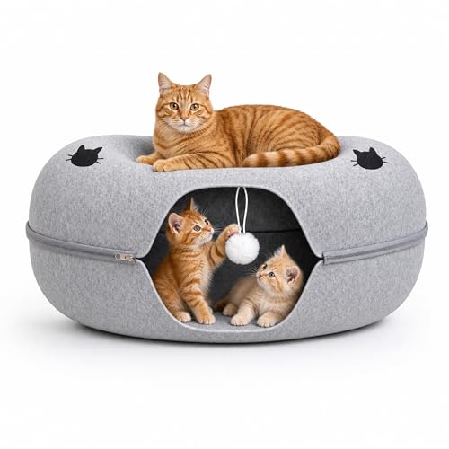 Cat Tunnel Bed - Comfort Bedz Large Donut Cave for Cats, Felt Enclosed Hideaway with Zipper, Top Perch, Interactive Toy, Washable Indoor Cat House