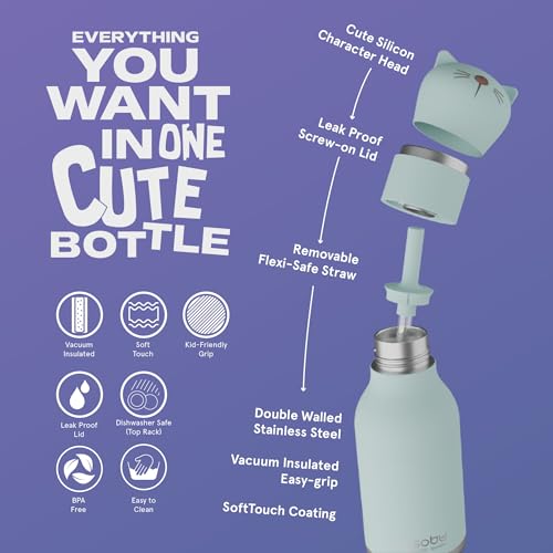 asobu Bestie Water Bottle, Cute Collectible Character, Leak Proof, BPA Free | 16 oz, Stays Cold 24 Hours, Double Wall Vacuum Insulation, Food Grade Stainless Steel, Spill Resistant, Great Gift Idea - color: Cat