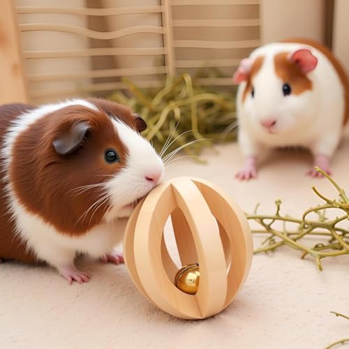 2Pcs Wood Color Natural Wood Dumbells Unicycle Bell Roller Pet Chew Toy for Guinea Pigs Rat Rabbits,Guinea Pig Toys Boredom,Small Animals Will be Very Happy Toys(No Bark Watermelon Ball)