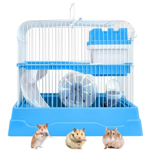 PINVNBY 2-Tier Dwarf Hamster Cage, Travel Portable Guinea Pig Cages Rat Cage and Habitats Small Animal Carrier with Castle House Exercise Wheels, Water Bottle and Food Dish(Blue) - color: Blue, size: M: 11.7x8.7x9.8in