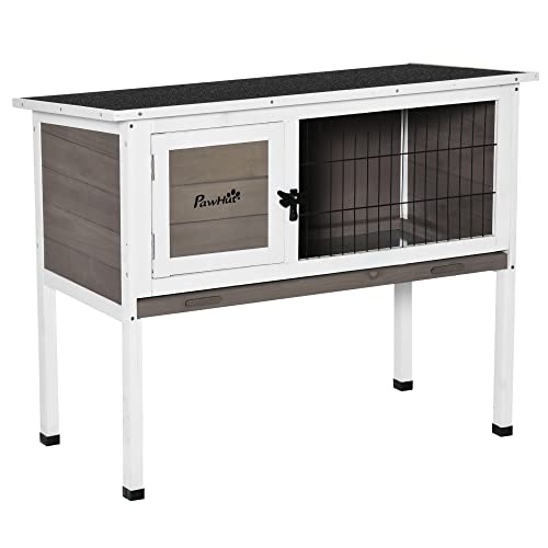 PawHut Elevated Wooden Rabbit Hutch Indoor/Outdoor for Guinea Pig Brown | Bunny Cage, Hinged Asphalt Roof, Removable Tray - color: Brown