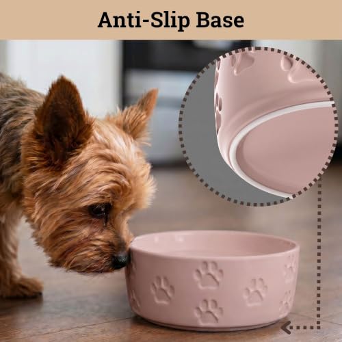 Ceramic Dog Bowl Set of 2 with Anti-Skid Base, 5.5"W x 2"H, 2 Cup Capacity | Thick Ceramic, Dishwasher Safe, Anti-Skid Rubber Base, 2 Cups per Bowl, Ceramic Food and Water Bowls Set of 2 for Small Dogs - color: Blush Pink, size: Small