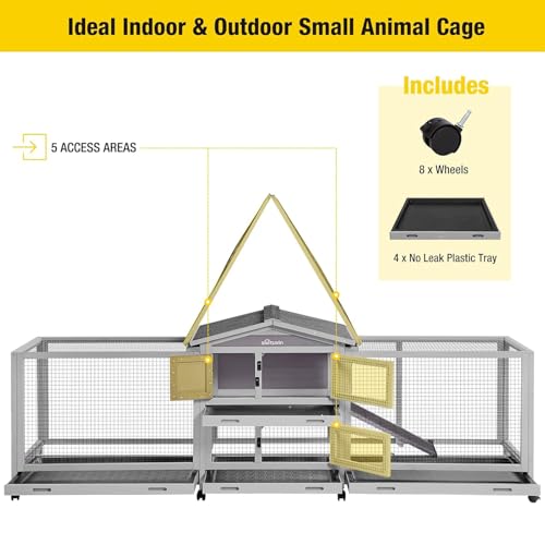 Aivituvin Rabbit Hutch 93.7" Large Rabbit Cage Indoor Outdoor Guinea Pig Cage Chicken Coop on Wheels Bunny Cage with 4 Deep No Leakage Pull Out Tray,Waterproof Roof - color: Light Grey