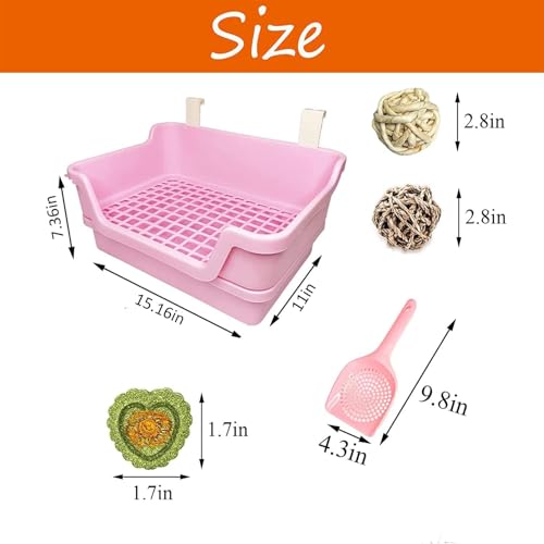 PINVNBY Large Rabbit Litter Box Deep Bunny Corner Toilet Box Double-Deck Small Animal Potty Trainer with Hooks for Adult Guinea Pig Chinchilla Ferret Chipmunk (Pink) - color: Pink（With the ball）